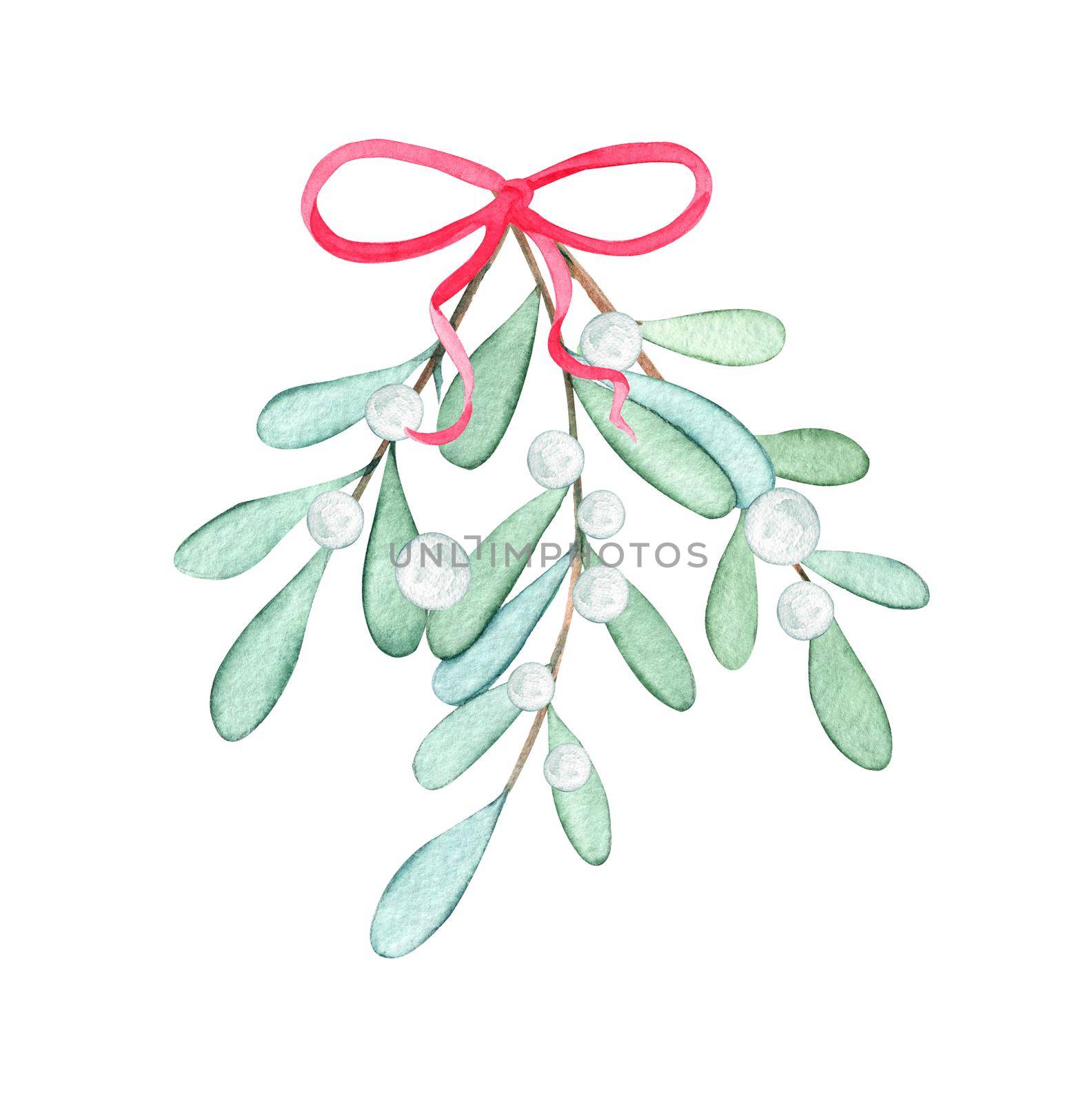 watercolor white mistletoe branch with red ribbon isolated on white by dreamloud