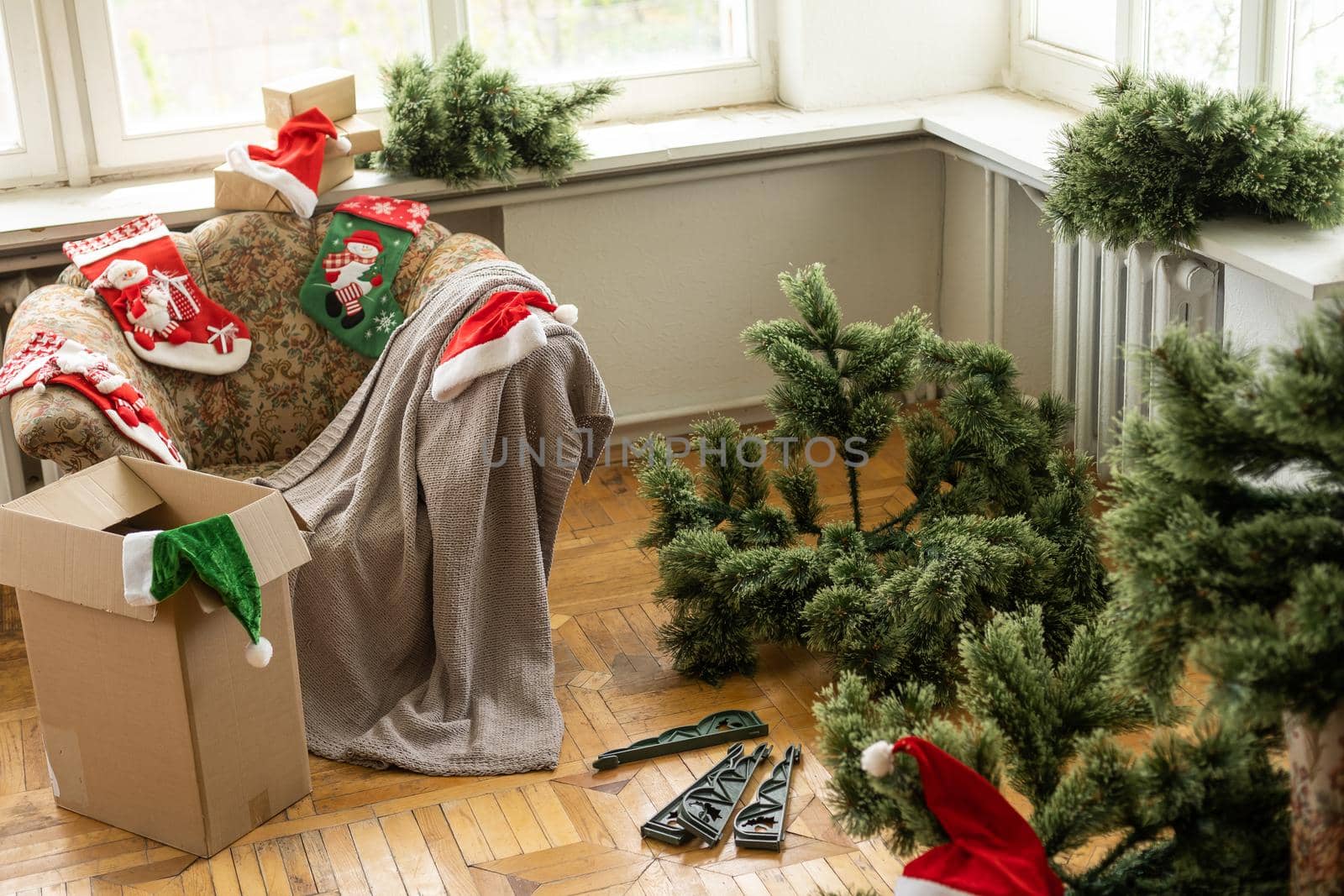 Beautiful christmas background. Christmas tree and Christmas socks. christmas preparation by Andelov13