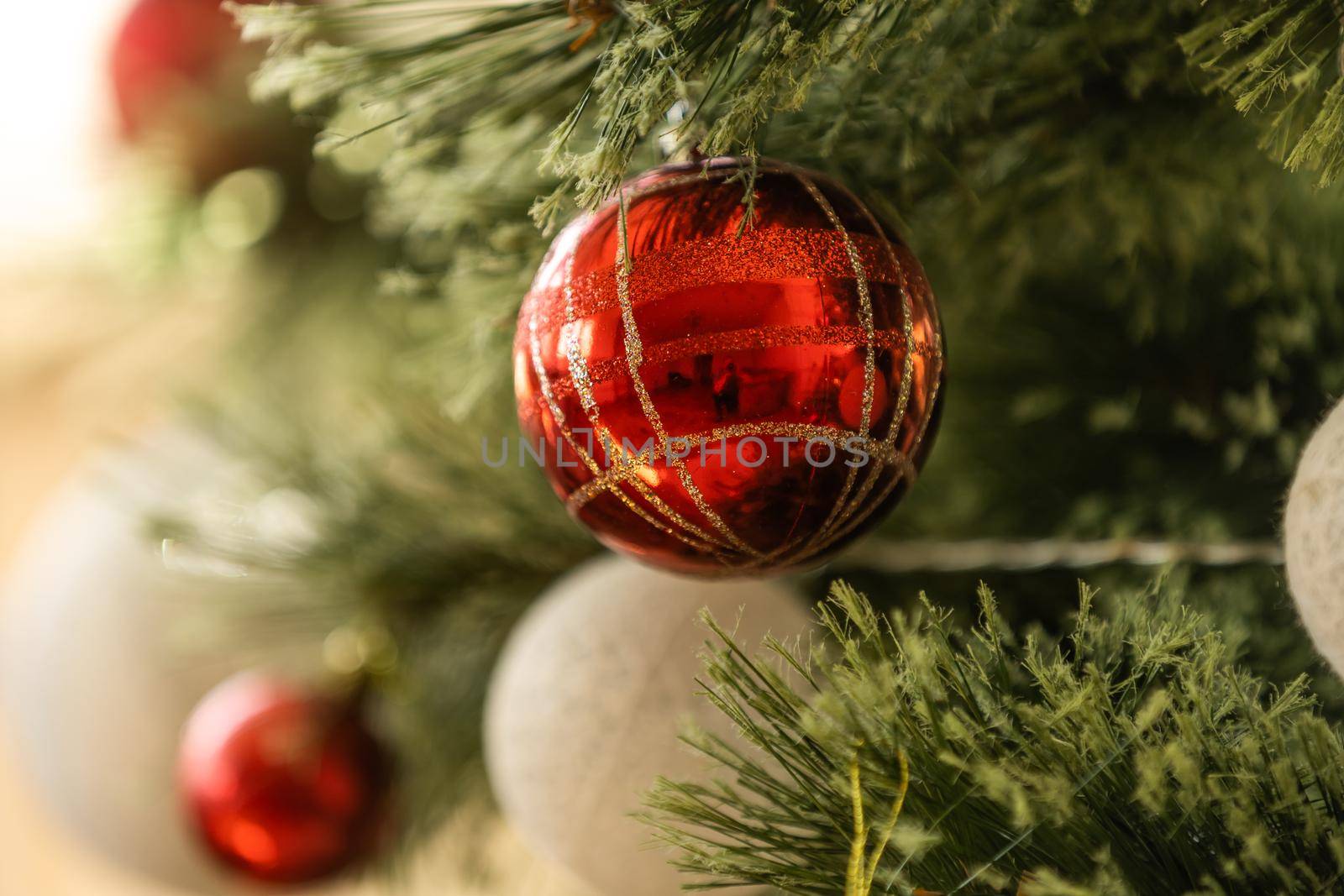 Closeup of Christmas tree balls.