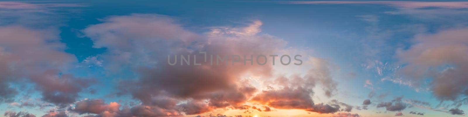Dark blue sunset sky panorama with pink Cumulus clouds. Seamless hdr 360 pano in spherical equirectangular format. Full zenith for 3D visualization, game, sky replacement for aerial drone panoramas