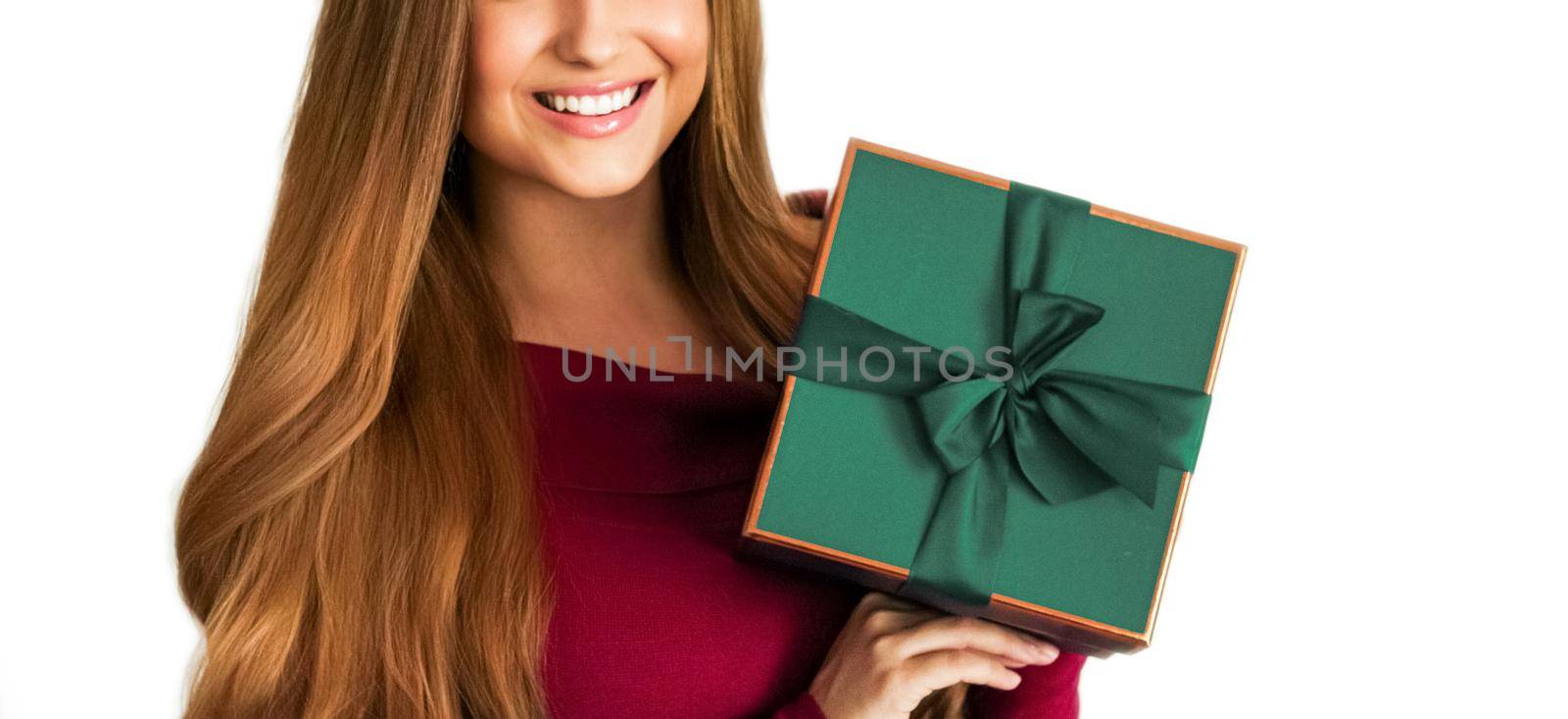 Birthday, Christmas or holiday present, happy woman holding a green gift or luxury beauty box subscription delivery isolated on white background, portrait