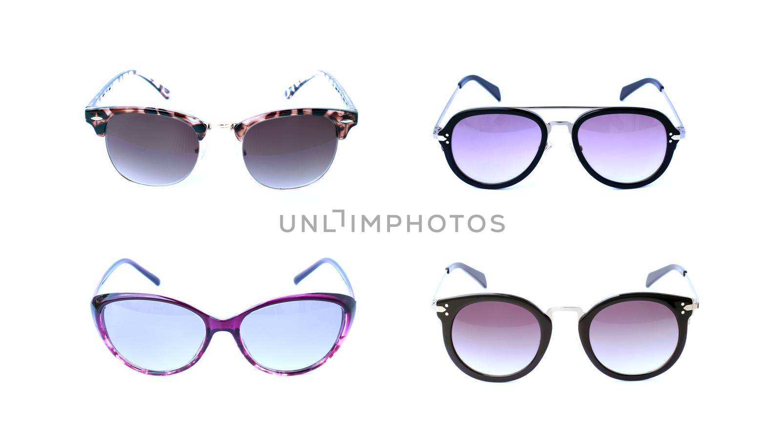 Group of beautiful sunglasses isolated on white background. Costume Fashion. by yod67