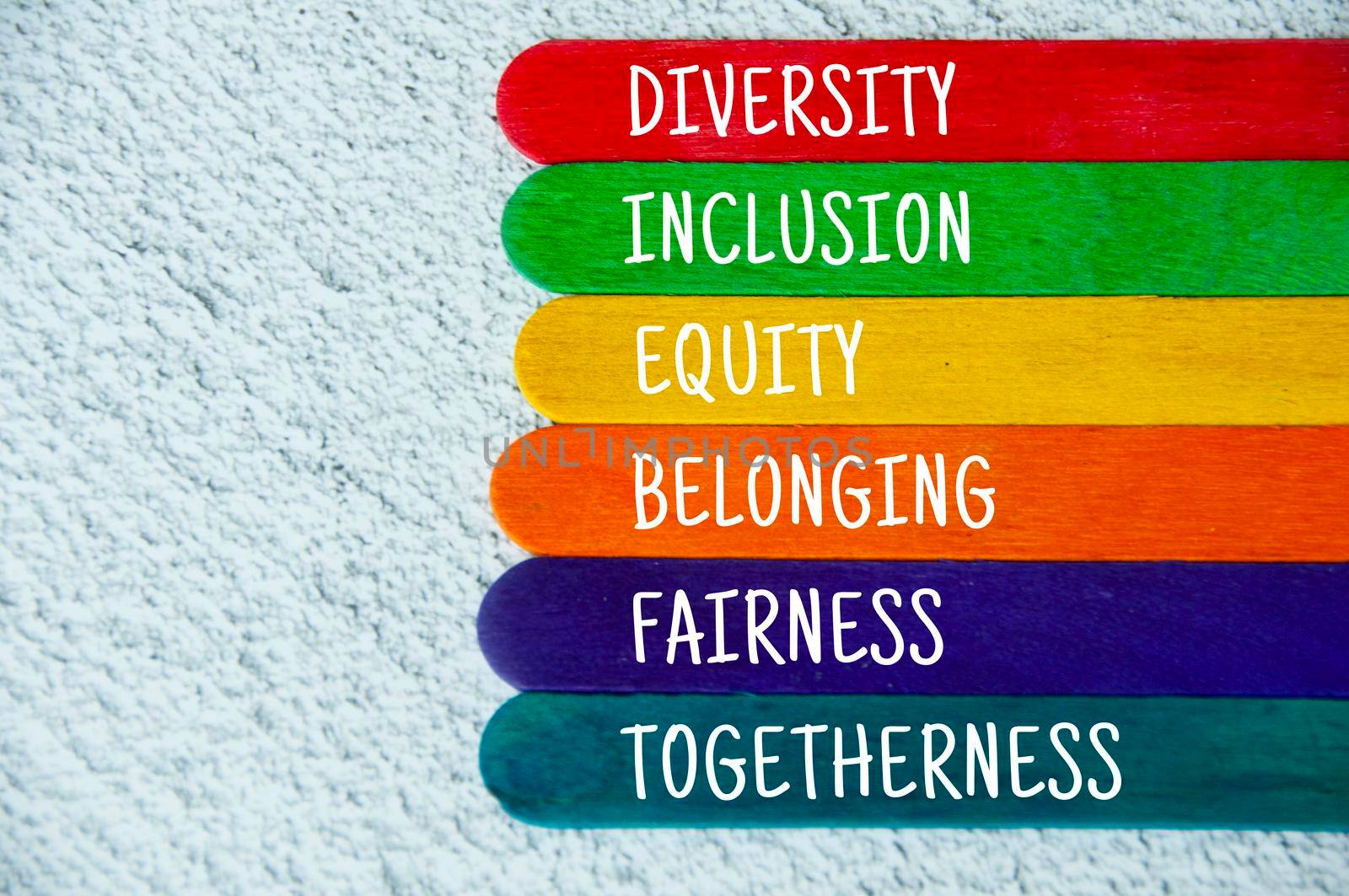 Diversity, inclusion, equality, belonging, fairness and togetherness text on colorful wooden stick - Business culture concept
