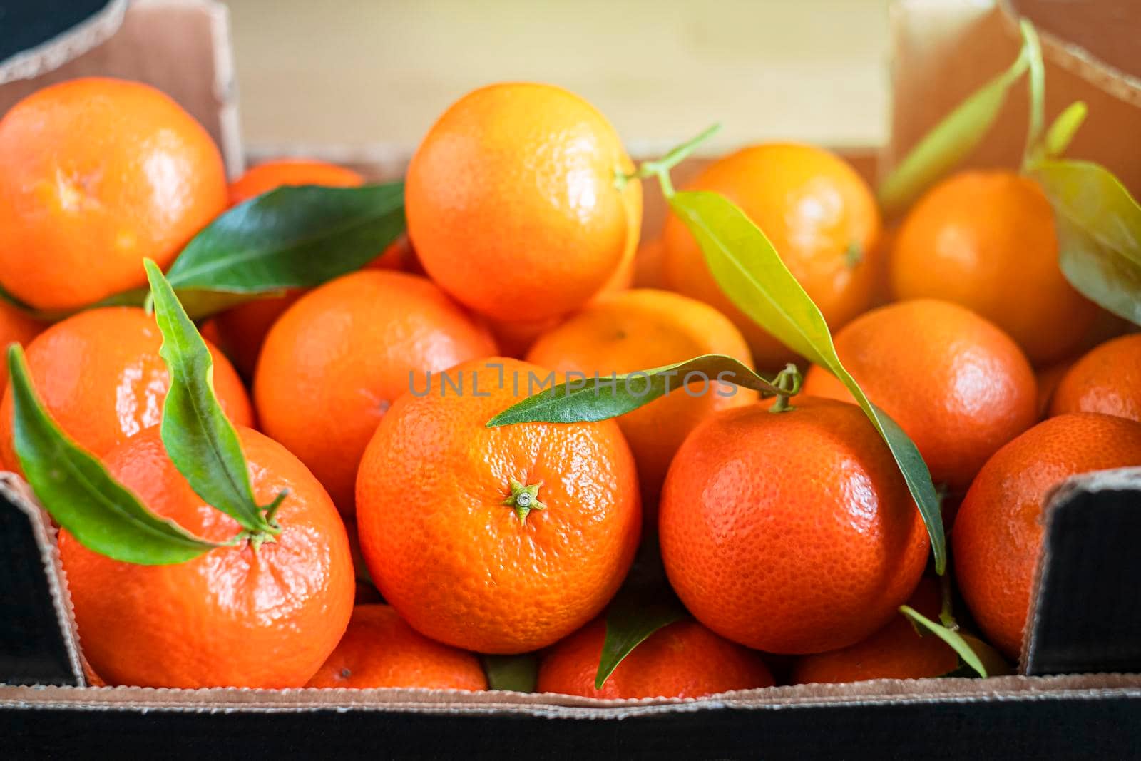 Fresh orange tangerines with leaves in a box, fruit background