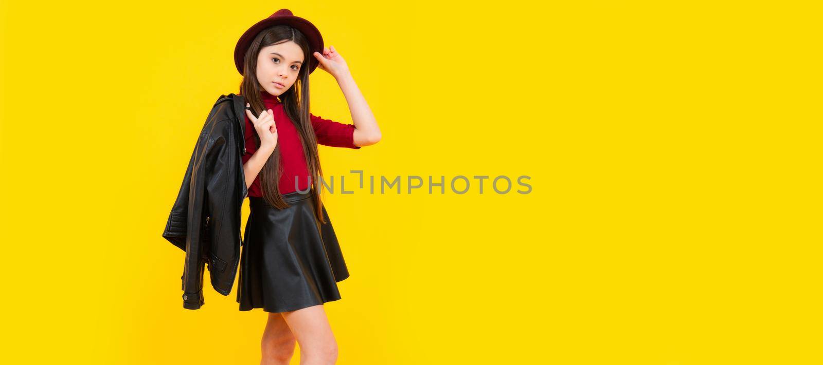 Full length of pretty cheerful teenager girl having fun good mood and posing in casual clothes. Child face, horizontal poster, teenager girl isolated portrait, banner with copy space