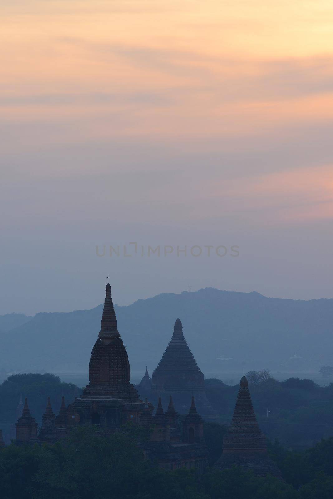 pagodas in bagan at sunset