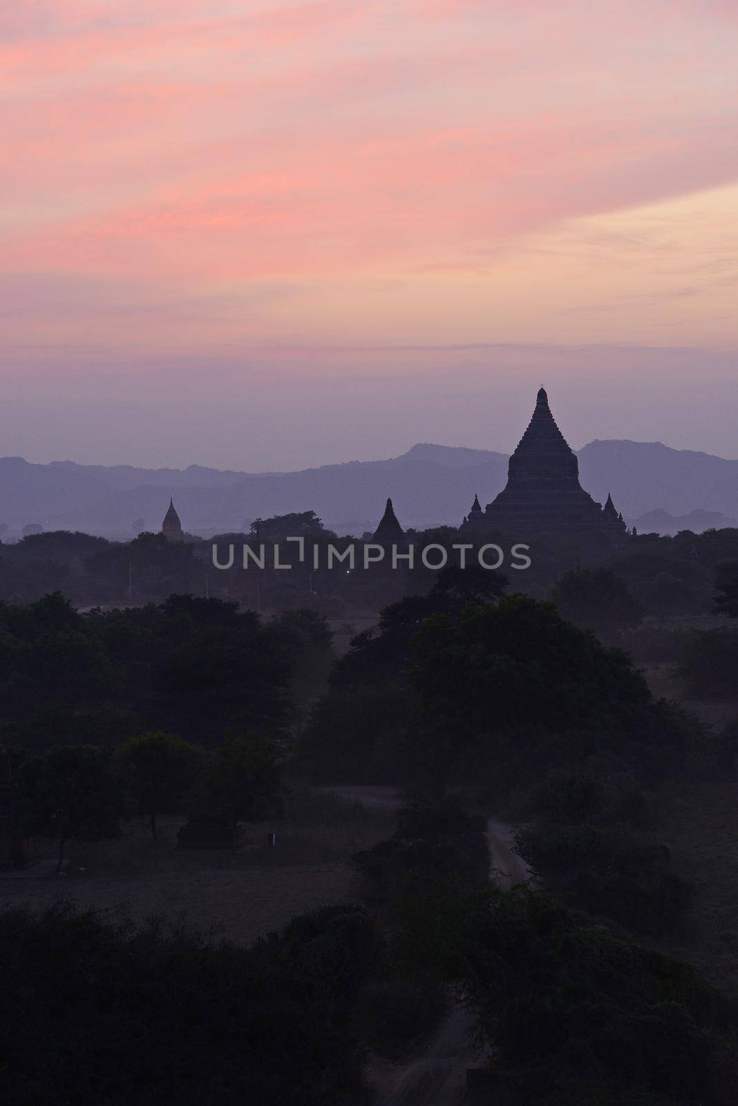 pagodas in bagan at sunset