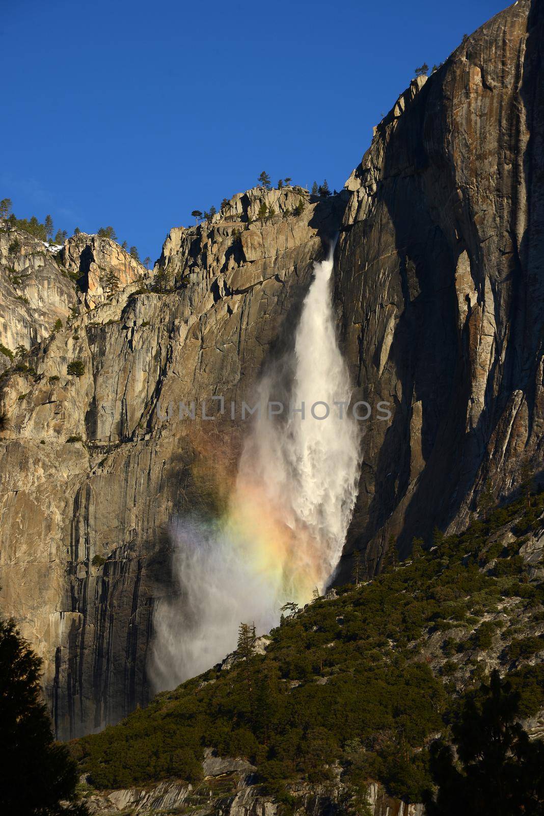 yosemite falls with rainbow in the morning