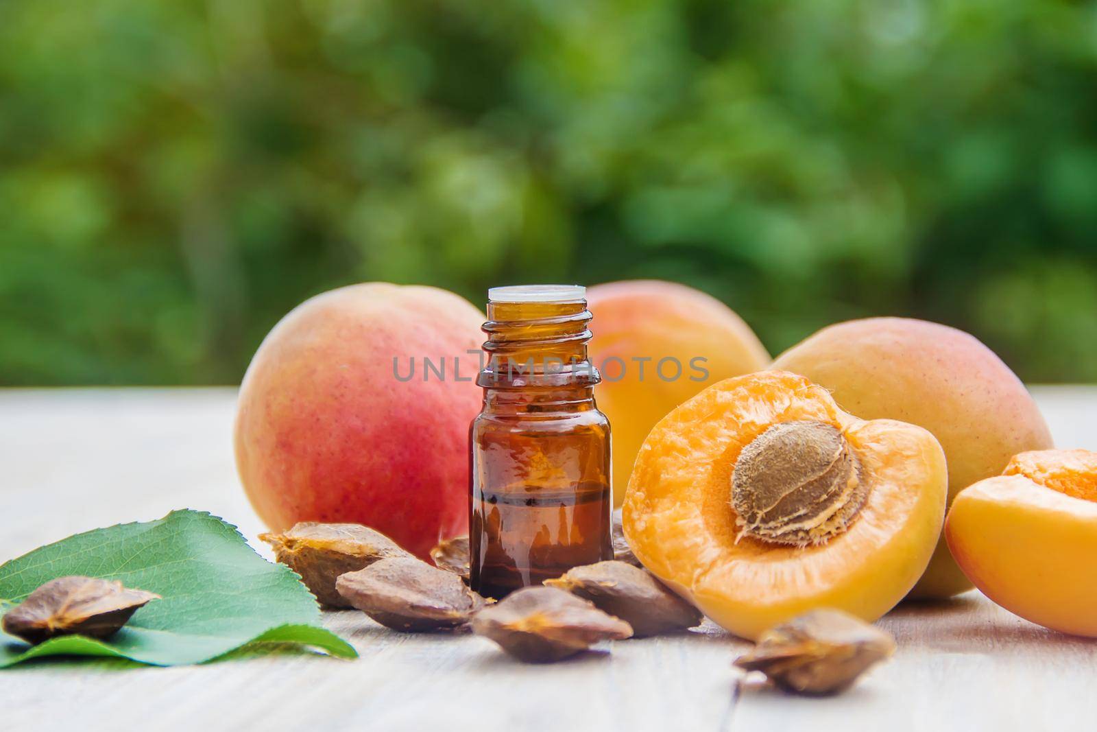 apricot oil in a small jar. selective focus. nature.