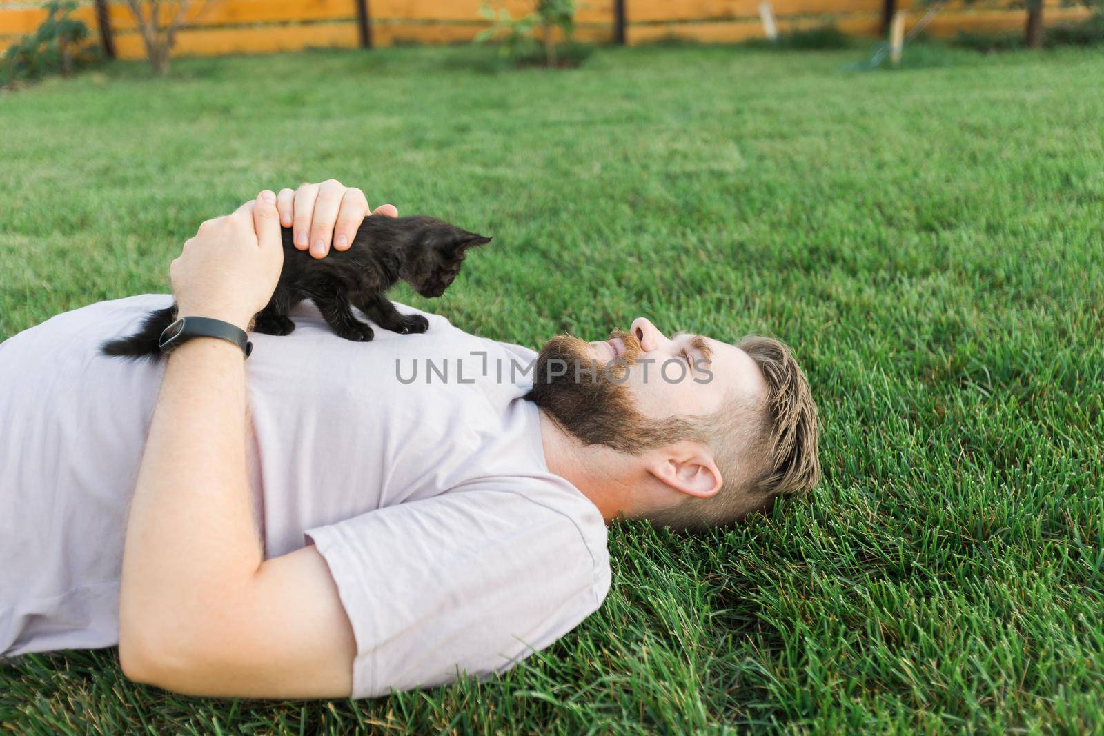 Man with little kitten lying and playing on grass - friendship love animals and pet owner