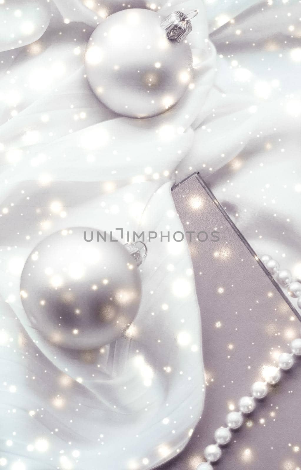 Holidays branding, glamour and decoration concept - Christmas magic holiday background, festive baubles, silver vintage gift box and golden glitter as winter season present for luxury brand design