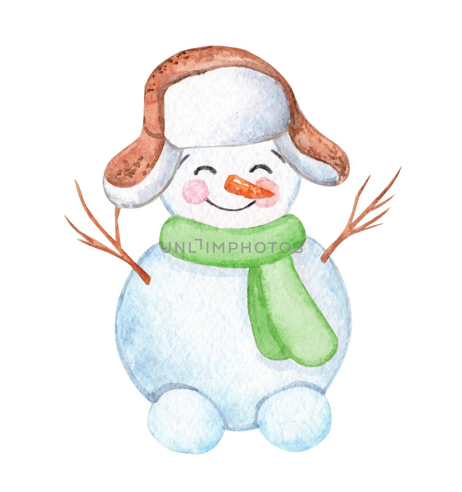 watercolor snowman with green scarf in brown hat isolated on white background