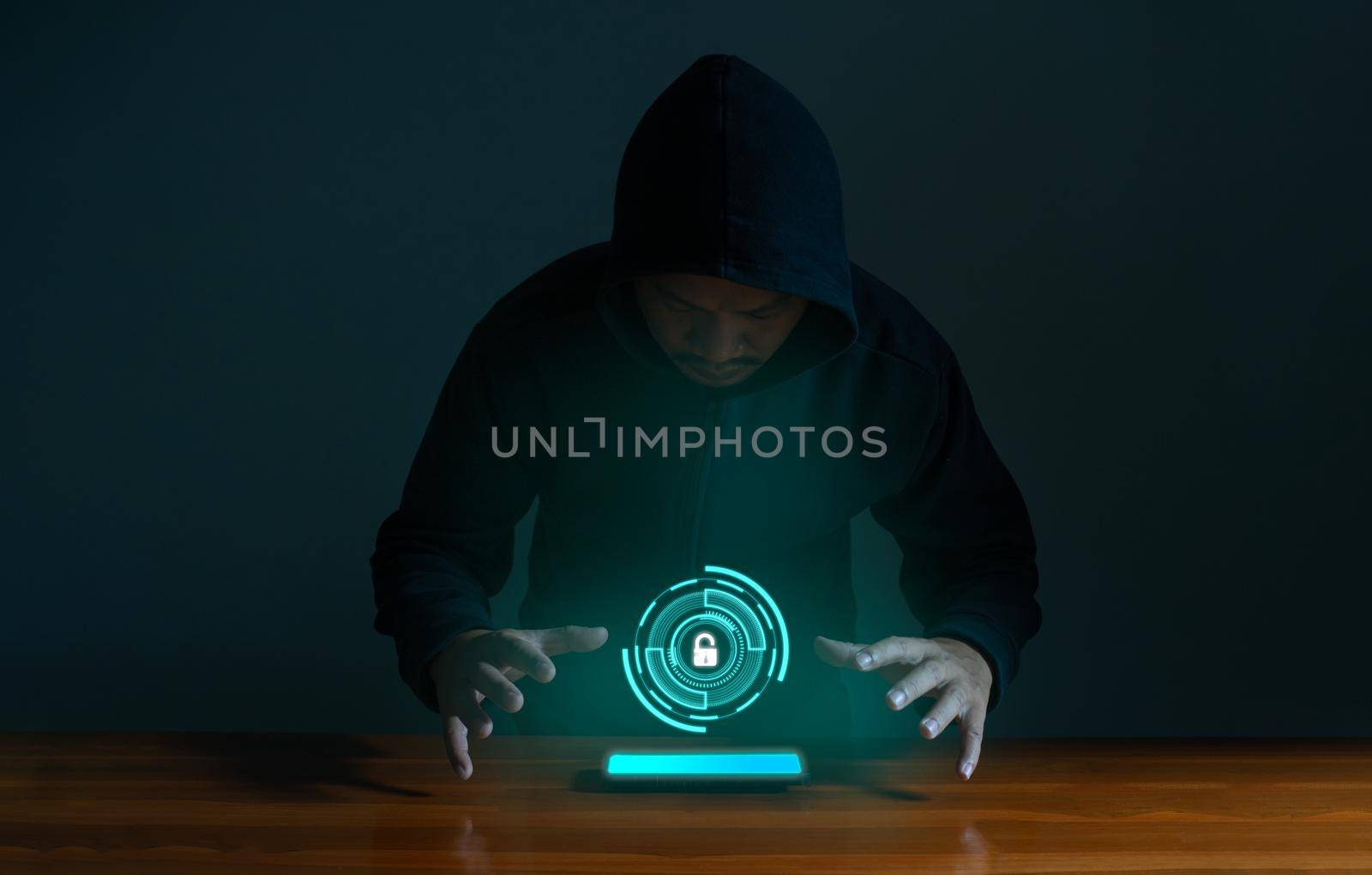 Hackers spy on cell phones. Concept of information security system in internet network and information espionage. by Unimages2527