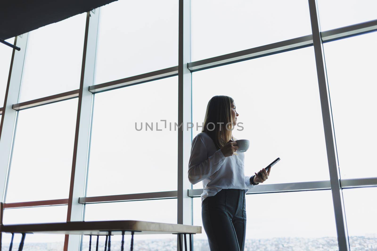 Young businesswoman wearing glasses and holding a phone. In an office or business center against the background of large windows of a skyscraper. Work and career, concept