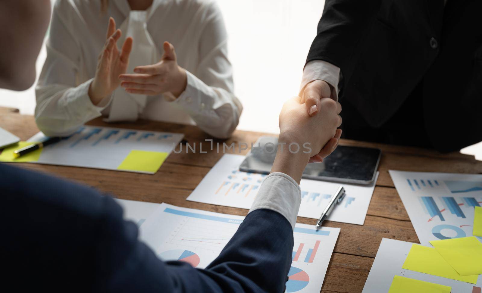 Business people shaking hands, finishing up meeting, business etiquette, congratulation, merger and acquisition concept.