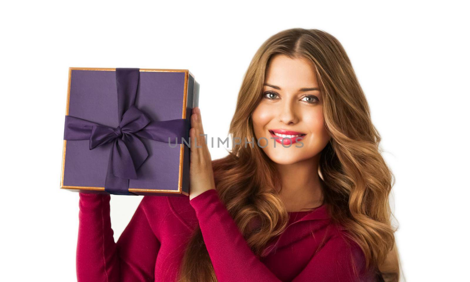 Birthday, Christmas or holiday present, happy woman holding a purple gift or luxury beauty box subscription delivery isolated on white background, portrait