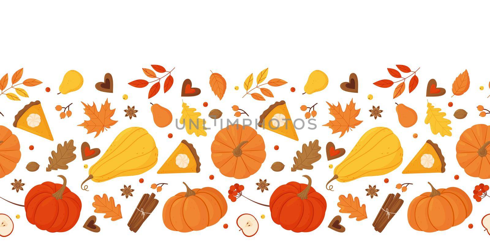 Autumn seamless border with pumpkins, apples, pears, autumn leaves, pumpkin pie, cookies on a white background. by Lena_Khmelniuk