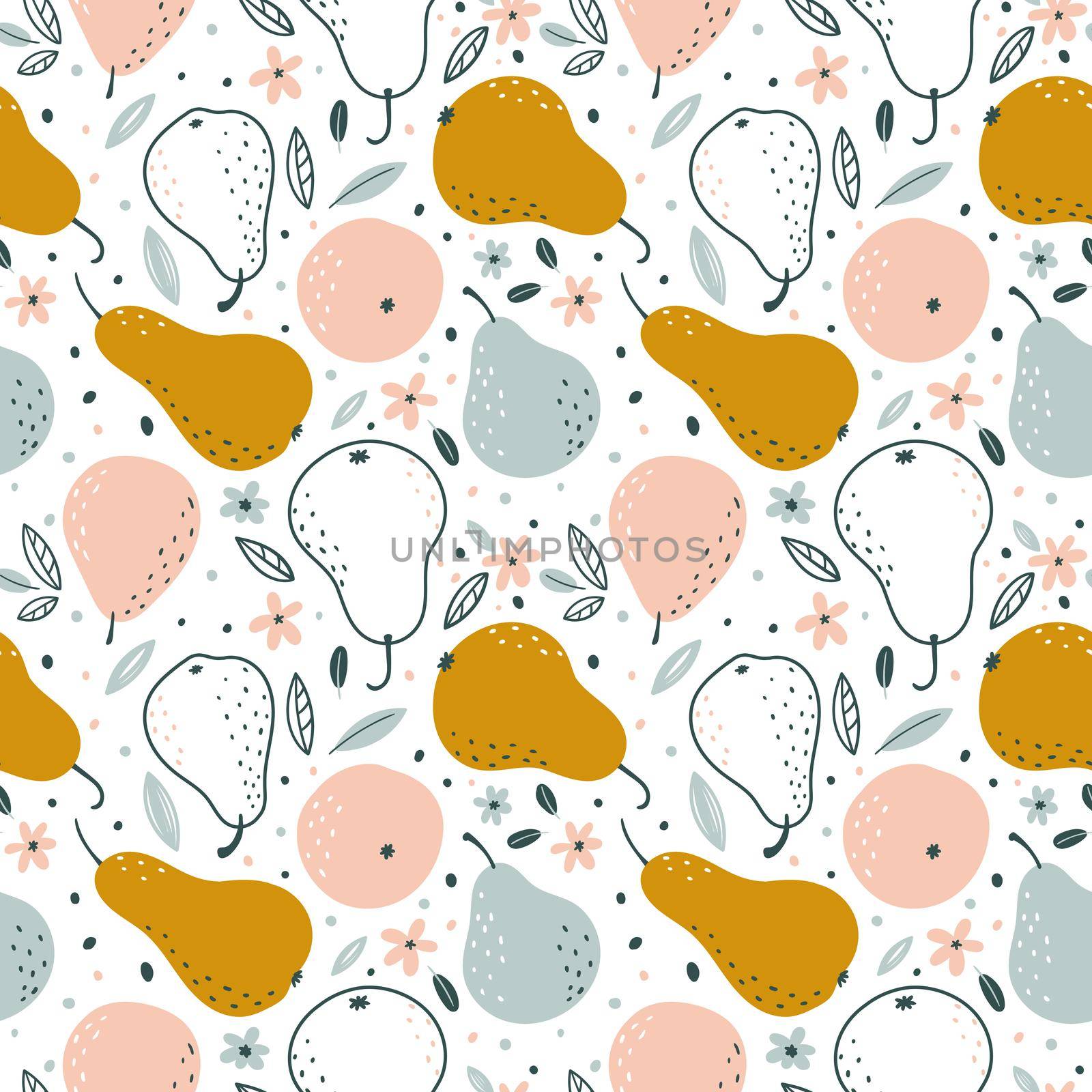 Seamless pattern with pears in Scandinavian style on a white background. Creative texture for fabric, wrapping, textile, wallpaper. Vector illustration.
