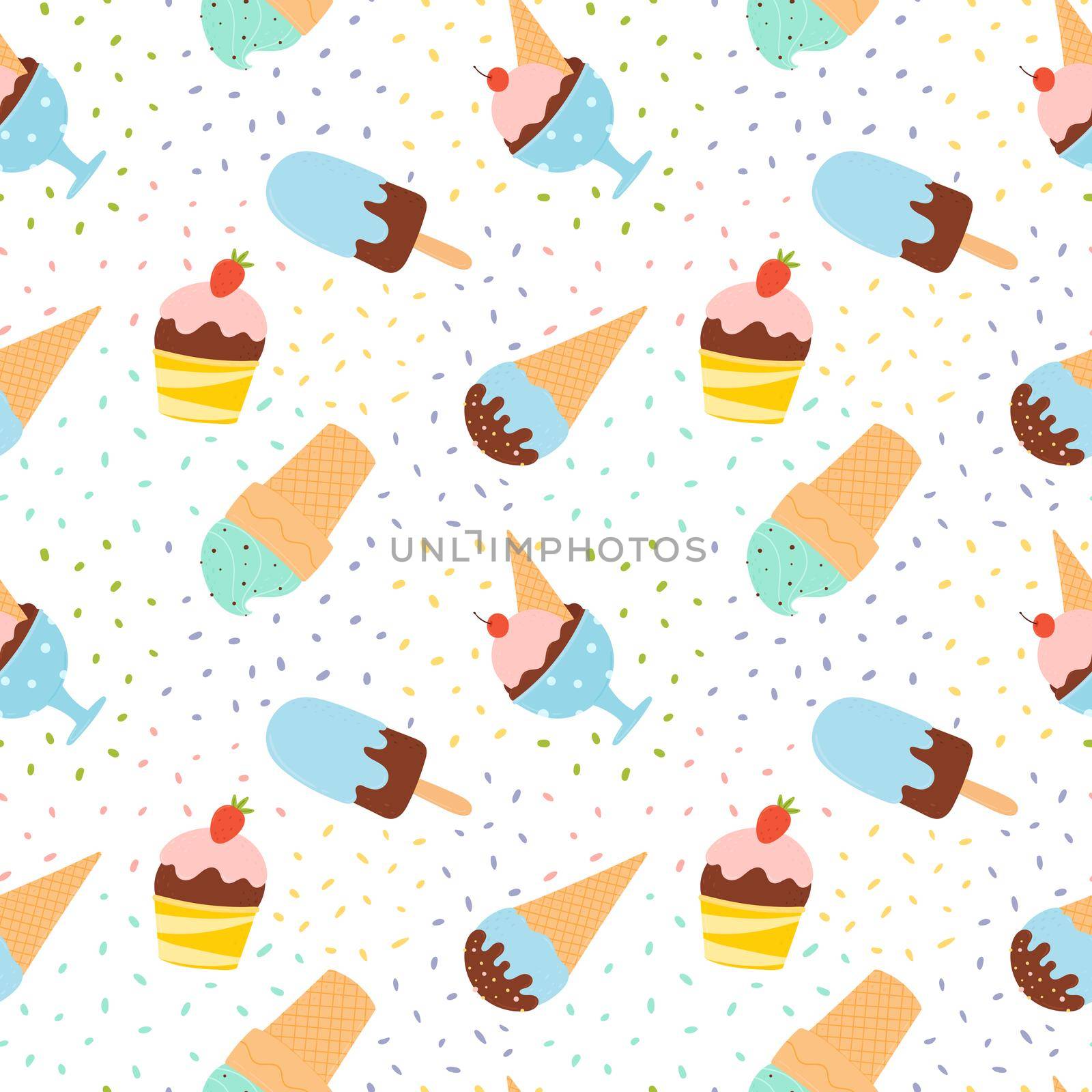 Seamless pattern with a variety of ice creams with fruits and chocolate. by Lena_Khmelniuk