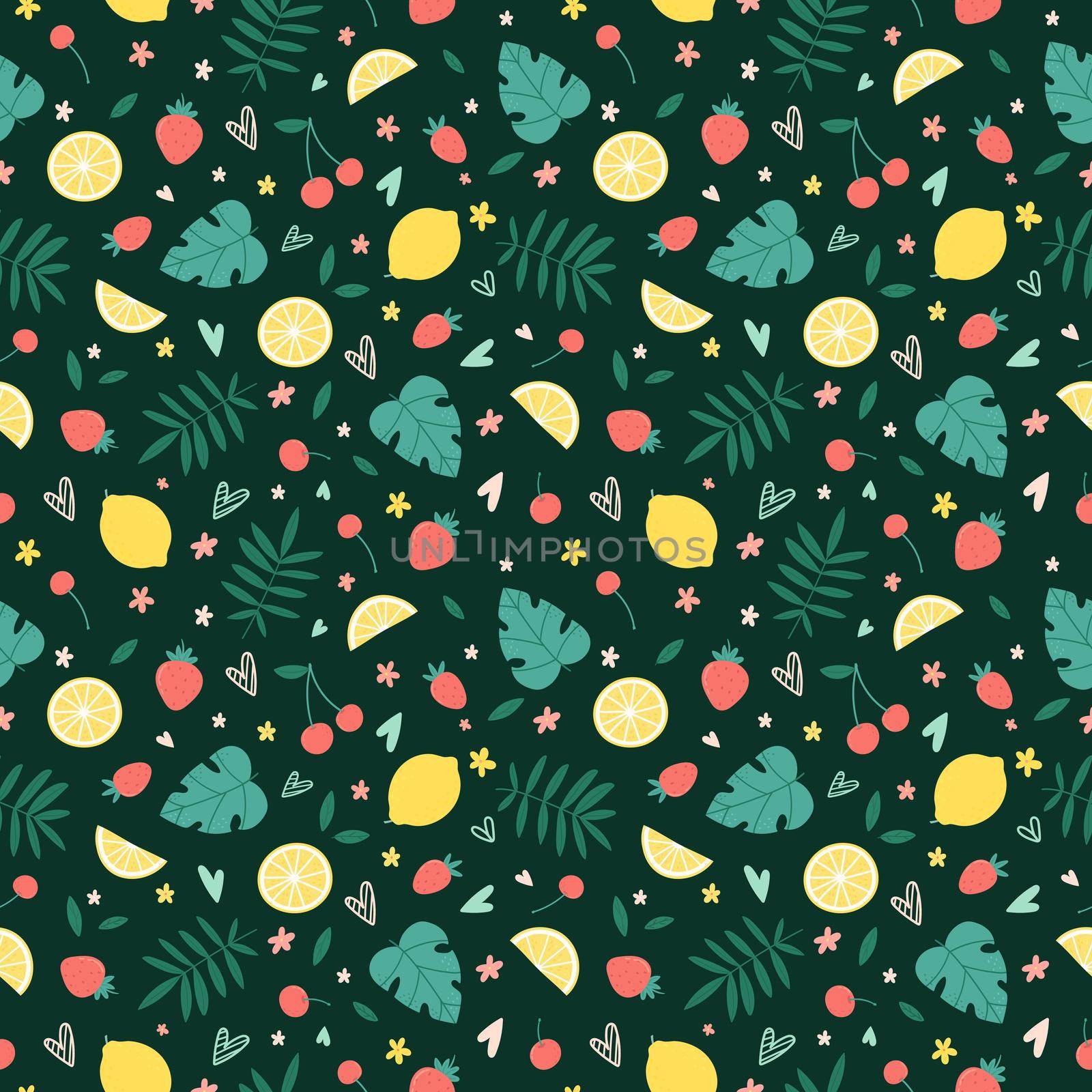 Seamless pattern with summer fruits, flowers and tropical leaves on a dark green background. by Lena_Khmelniuk