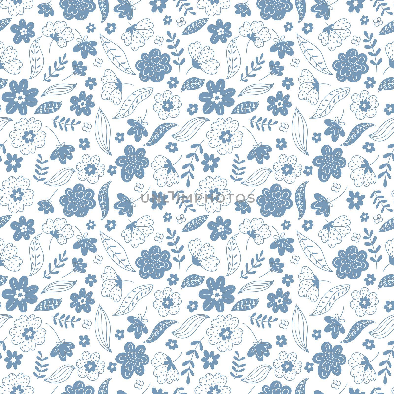 Trendy seamless floral pattern. Fabric design with simple flowers. ute repeated pattern for fabric, wallpaper or wrap paper. Vector illustration isolated on white background.