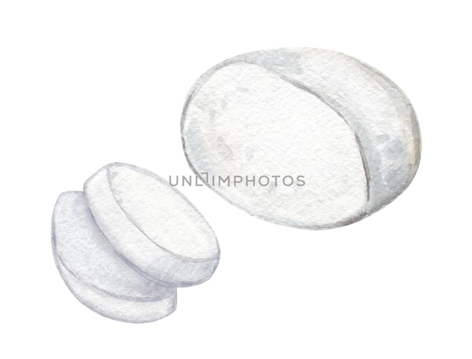 Watercolor mozzarella pieces set isolated on white background. Hand drawn white cheese illustration