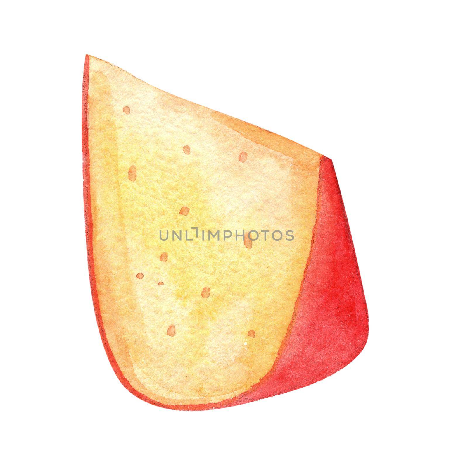 watercolor gouda cheese piece isolated on white . hand drawn dairy food illustration by dreamloud