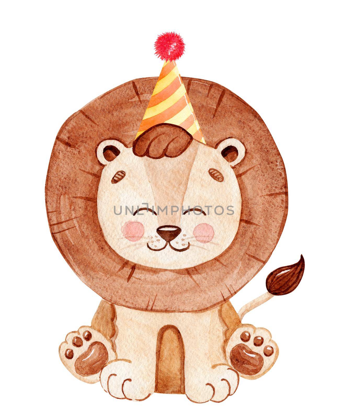 Watercolor lion in birthday hat isolated on white background by dreamloud
