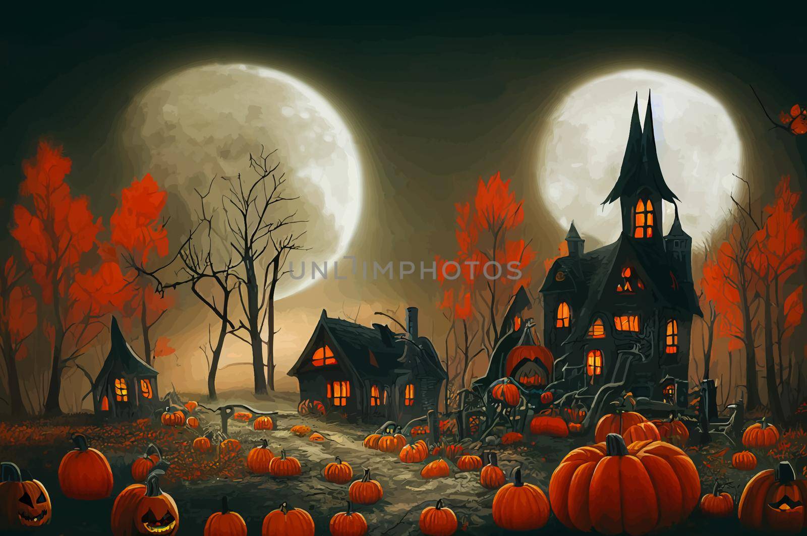 cemetery on halloween night with evil pumpkins, bats and in the background a haunted castle and the full moon. banner by JpRamos