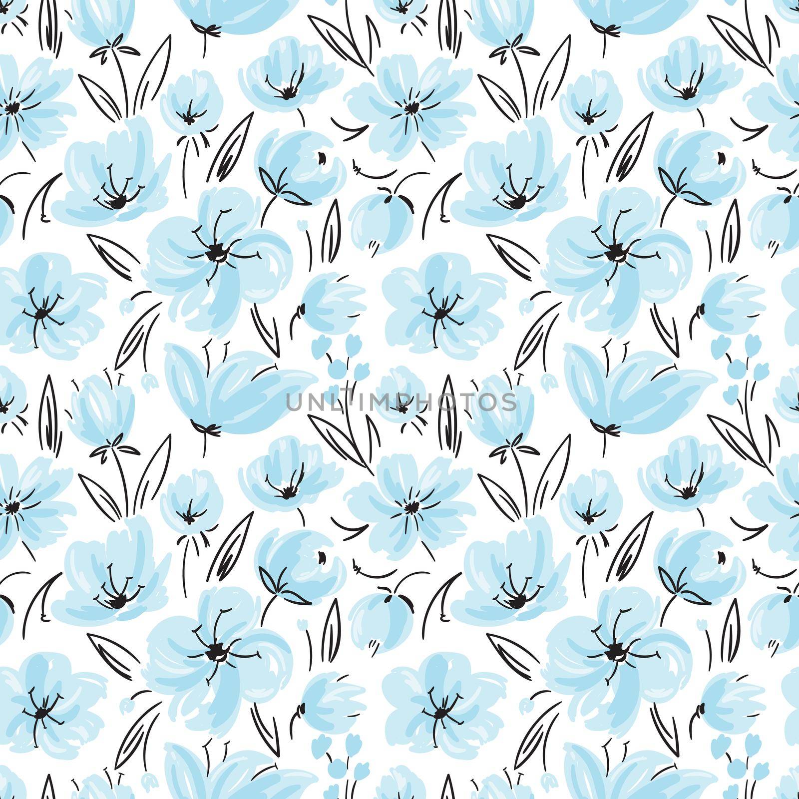 Vector seamless pattern with tender blue flowers in hand-drawn style. by Lena_Khmelniuk