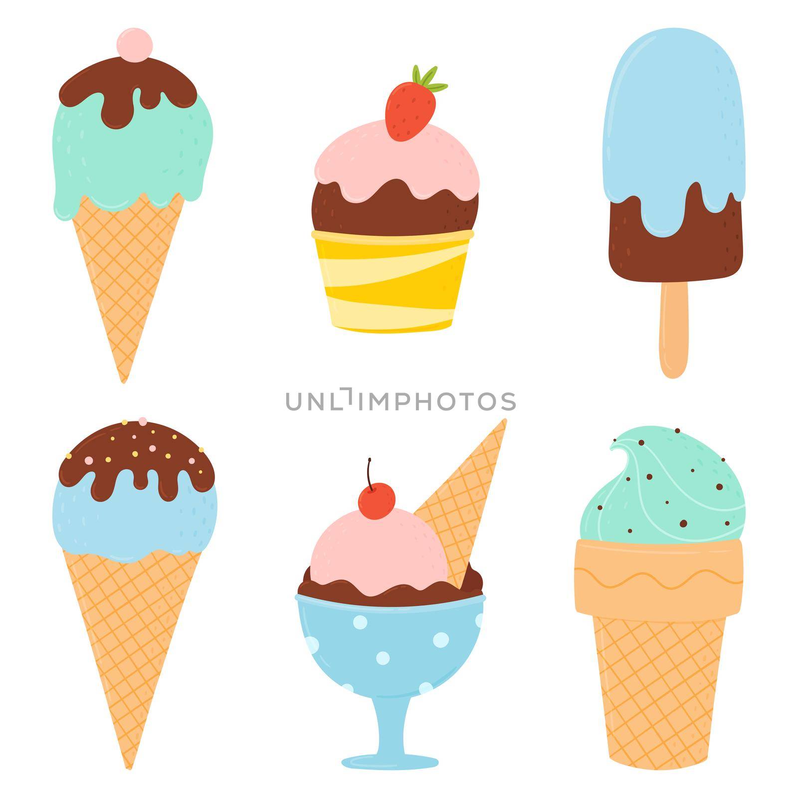 Ice cream set. Modern vector hand drawn illustrations of ice cream in different shapes with fillings, chocolate and fruits. Summer illustration in flat cartoon style isolated on white background.