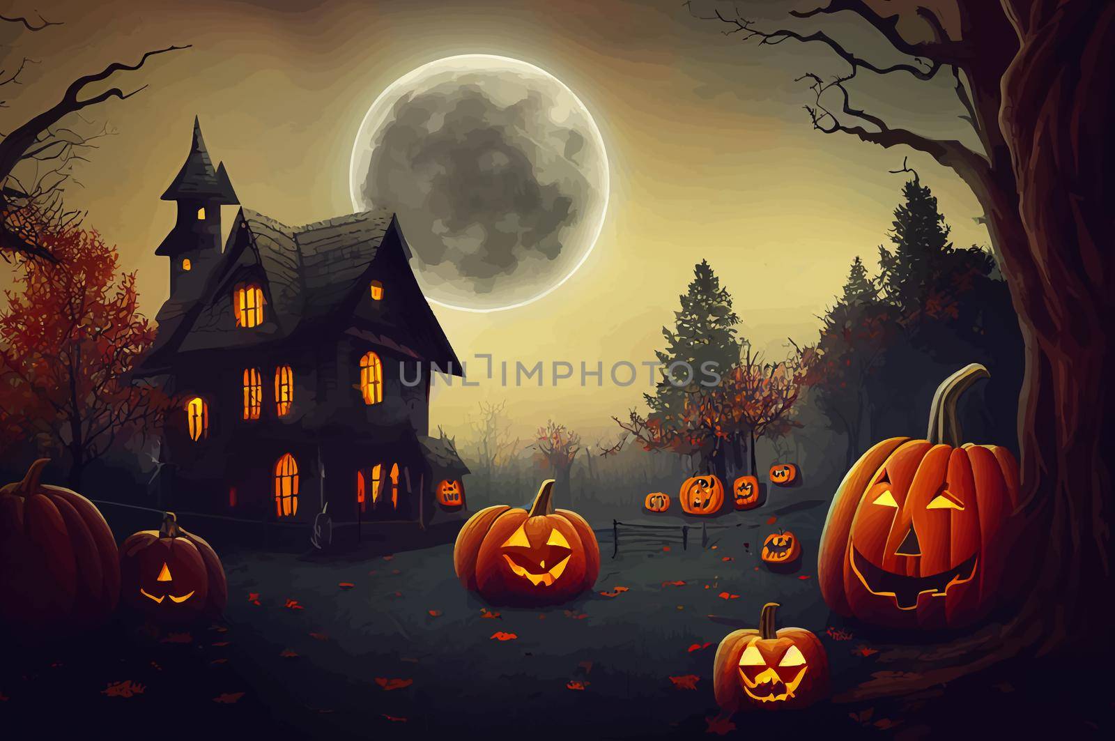 cemetery on halloween night with evil pumpkins, bats and in the background a haunted castle and the full moon. Halloween Banner illustration