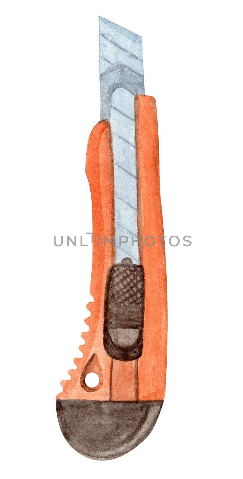 Watercolor orange construction knife isolated on white background. Hand drawn build cutter illustration