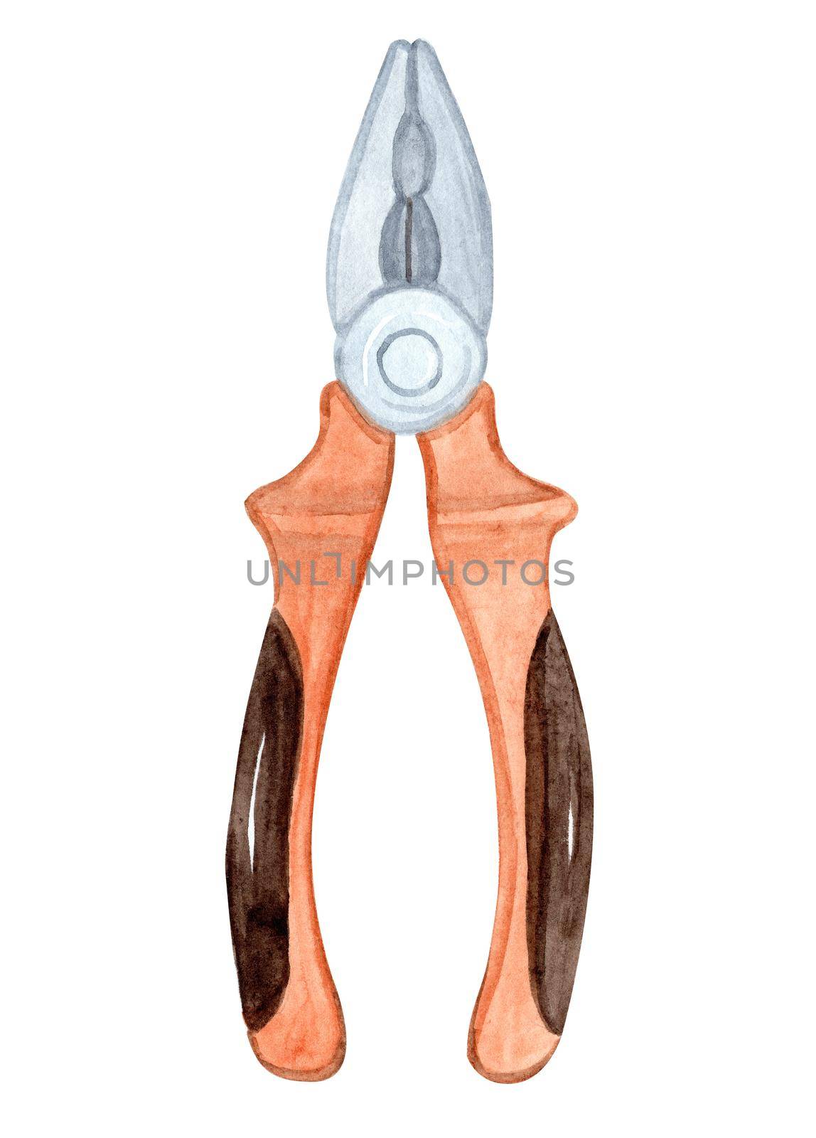 watercolor orange pliers tool isolated on white background