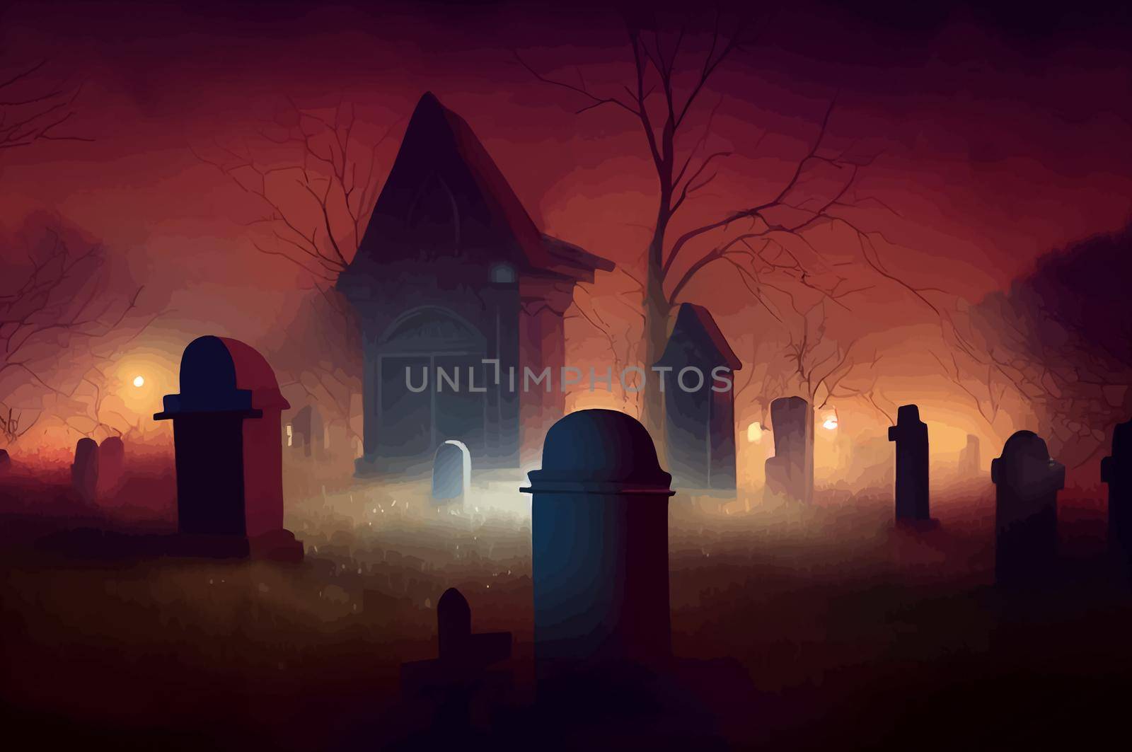 cemetery on halloween night with evil pumpkins, bats and in the background a haunted castle and the full moon. banner by JpRamos