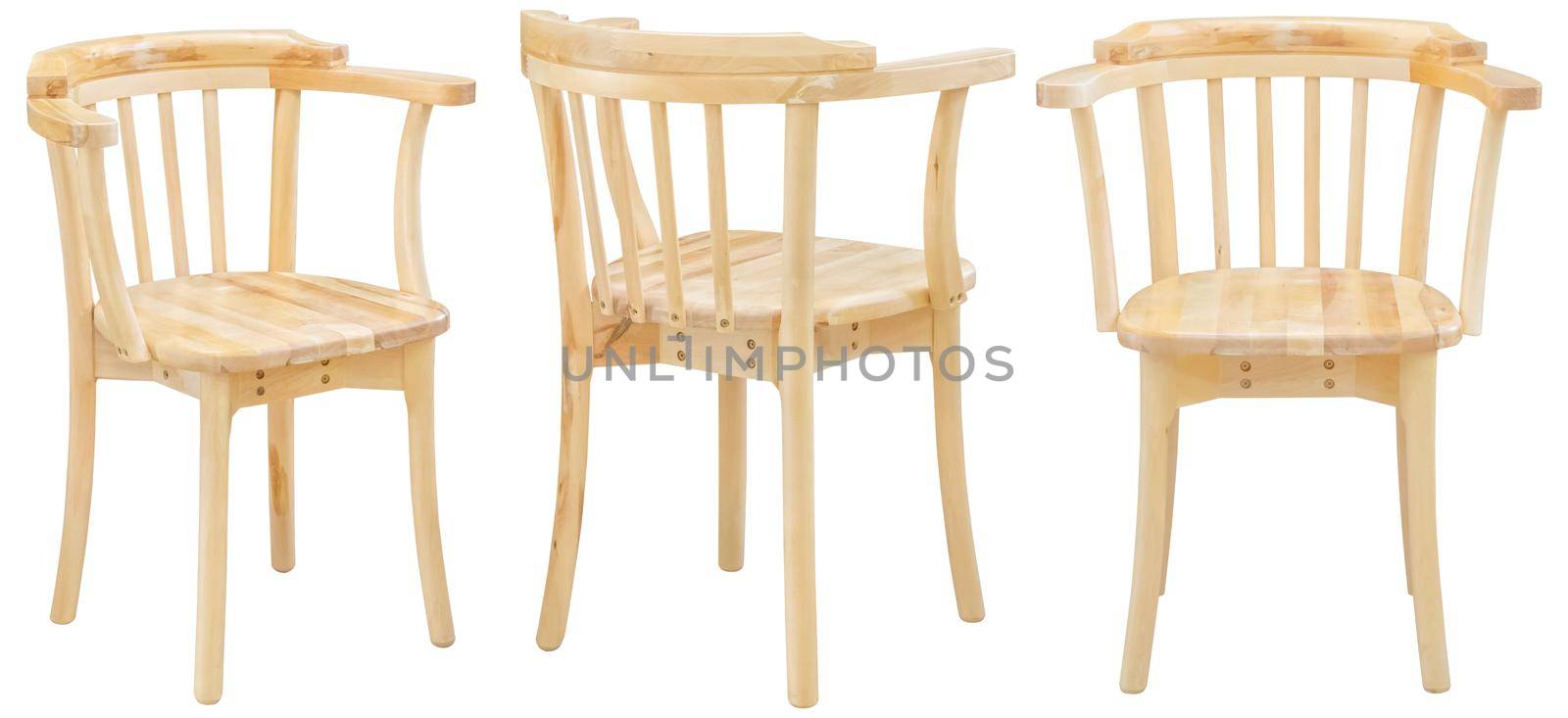 A chair made of natural wood in different angles. Isolated on a white background. Interior element