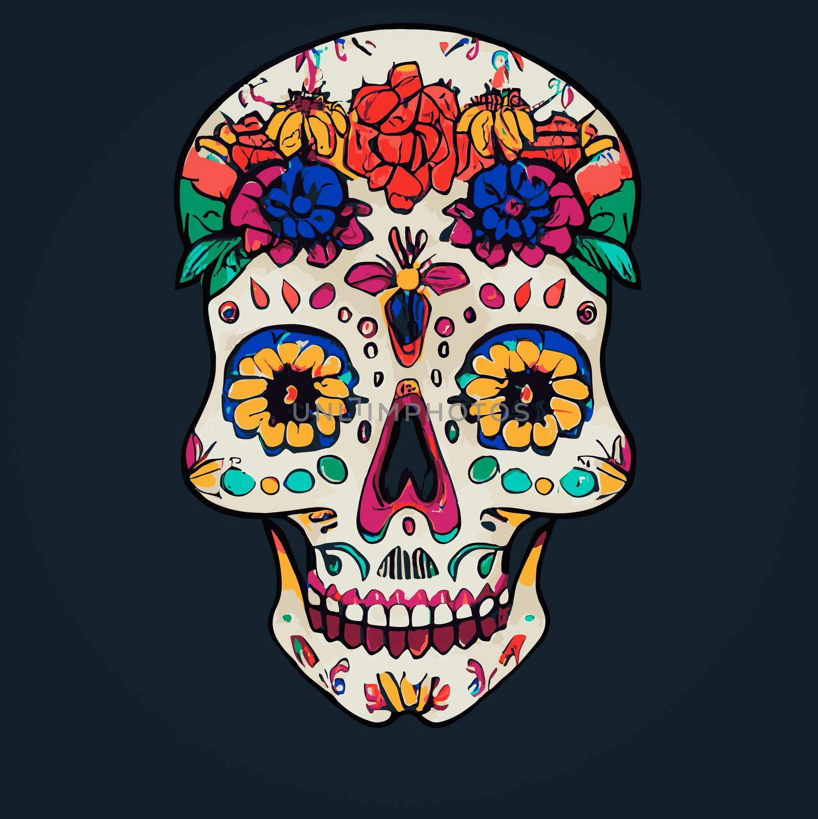 A colourful Traditional Calavera, sugar skull decorated with flowers for Day of the dead. by JpRamos