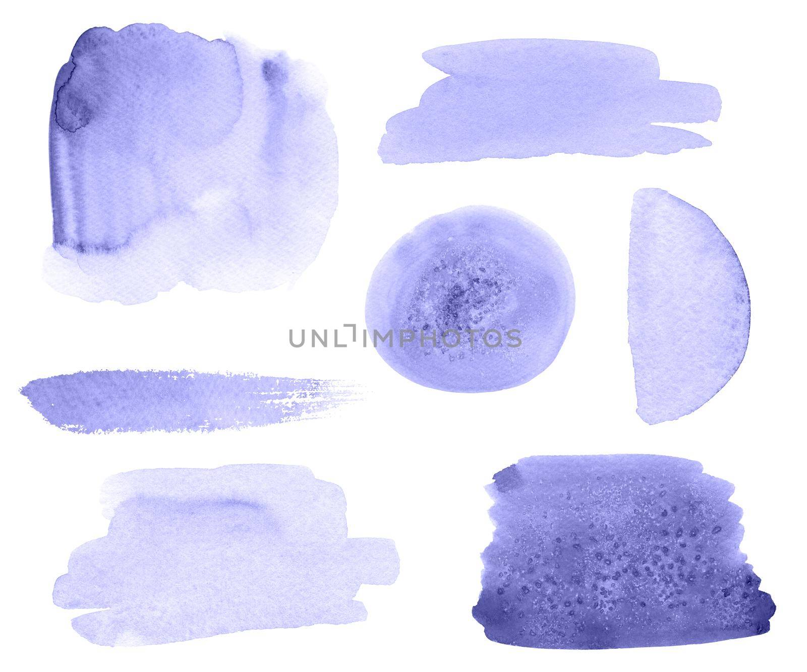 Watercolor purple abstract strokes and shapes set isolated on white background. Very peri color splashes