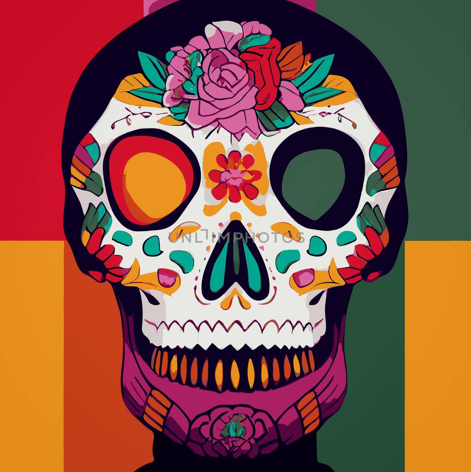 A colourful Traditional Calavera, sugar skull decorated with flowers for Day of the dead