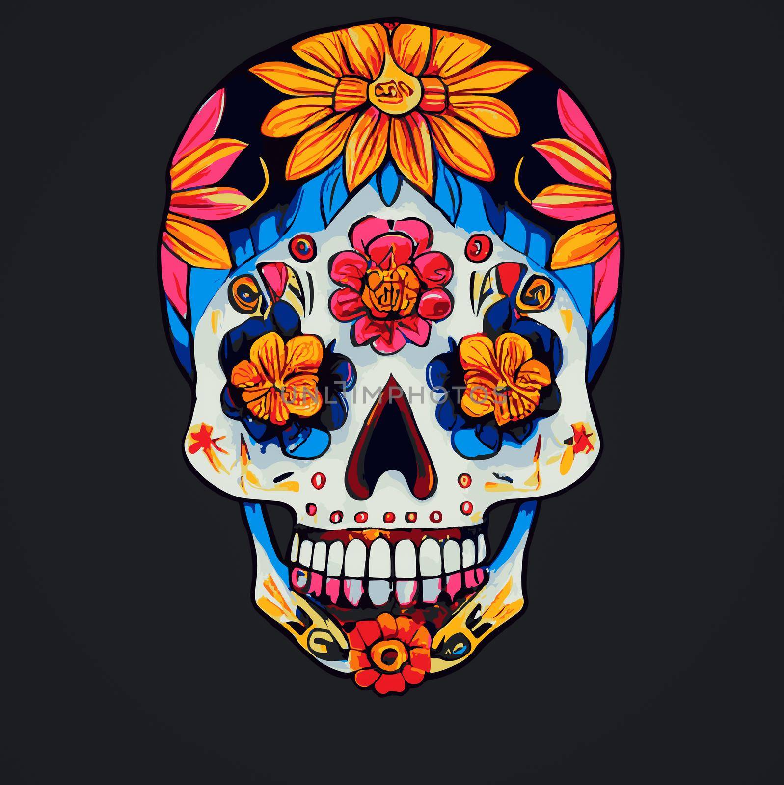 A colourful Traditional Calavera, sugar skull decorated with flowers for Day of the dead. by JpRamos