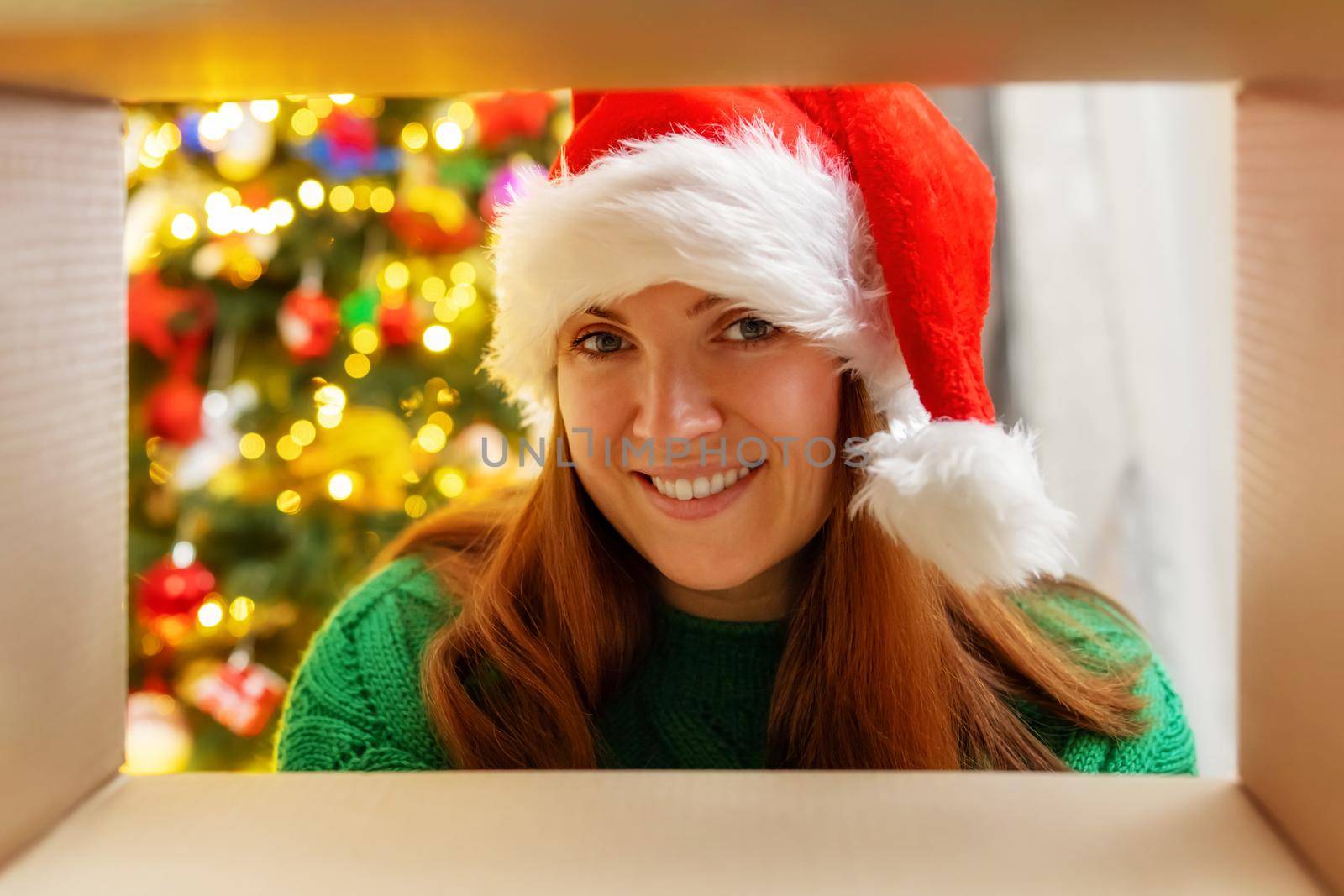 Young woman opening Christmas present, view from inside the box by andreyz