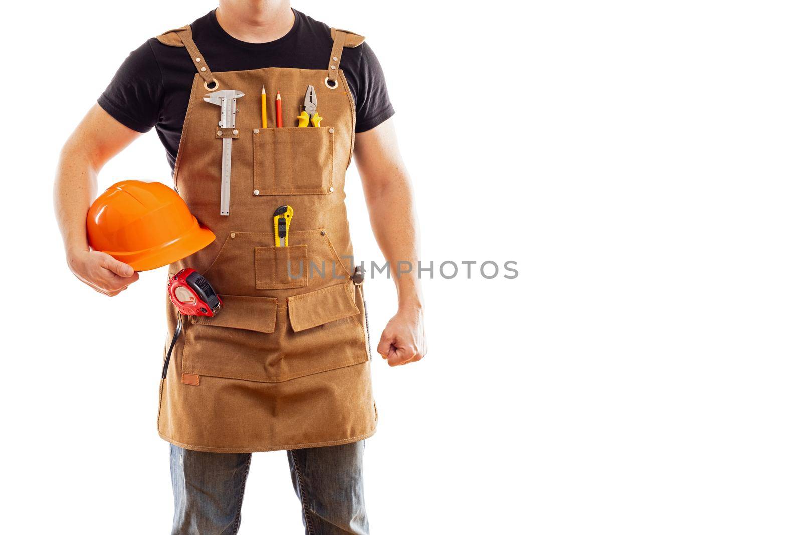 Contractor worker or carpenter in workers apron with tools and helmet isolated on white background.