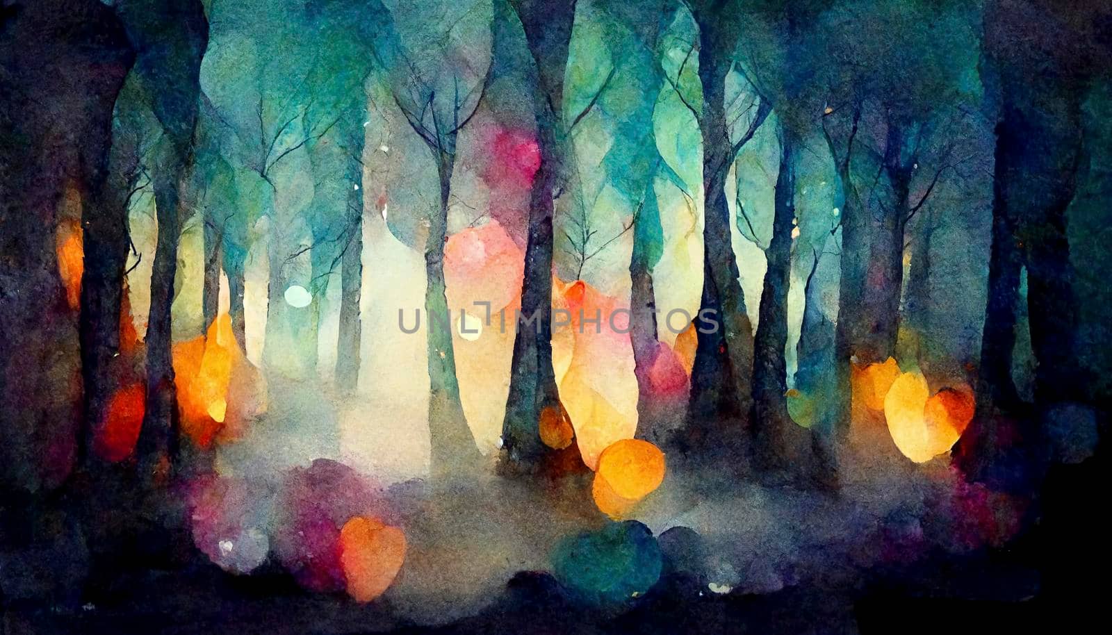 Lovely magic colored blurred foggy forest trees with illustrated abstract bokeh light