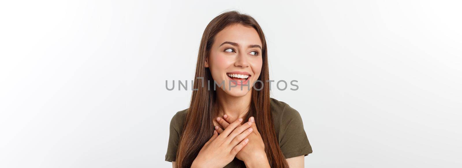 Portrait joyful outgoing woman likes laugh out loud not hiding emotions giggling chuckling facepalm close eyes smiling broadly white background.