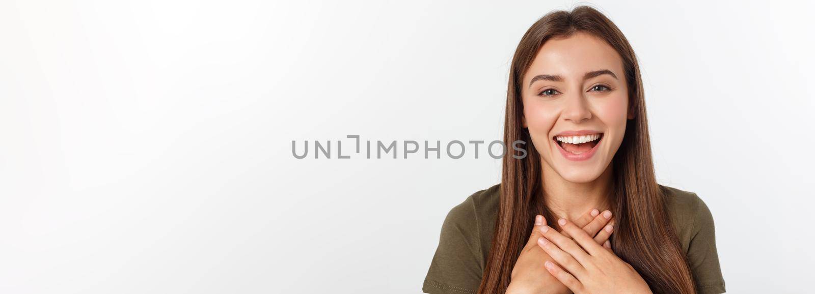 Portrait joyful outgoing woman likes laugh out loud not hiding emotions giggling chuckling facepalm close eyes smiling broadly white background by Benzoix