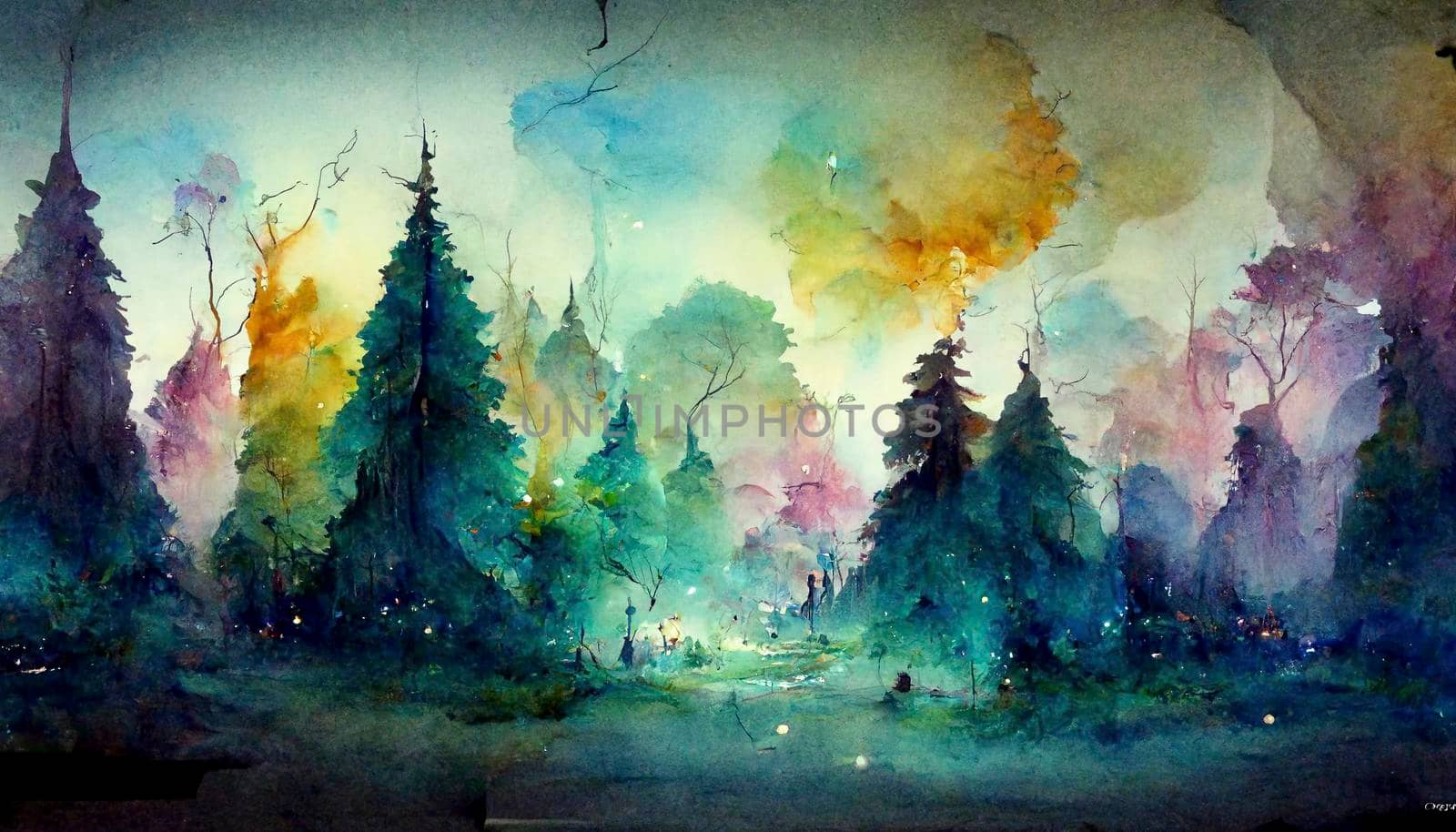 Lovely magic colored blurred foggy forest trees with illustrated abstract bokeh light