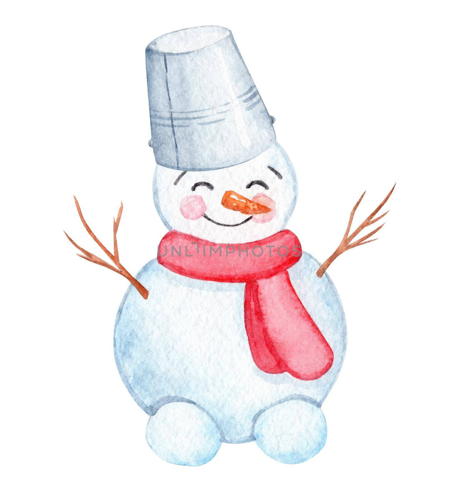 Watercolor funny snowman in pail with red scarf isolated on white by dreamloud