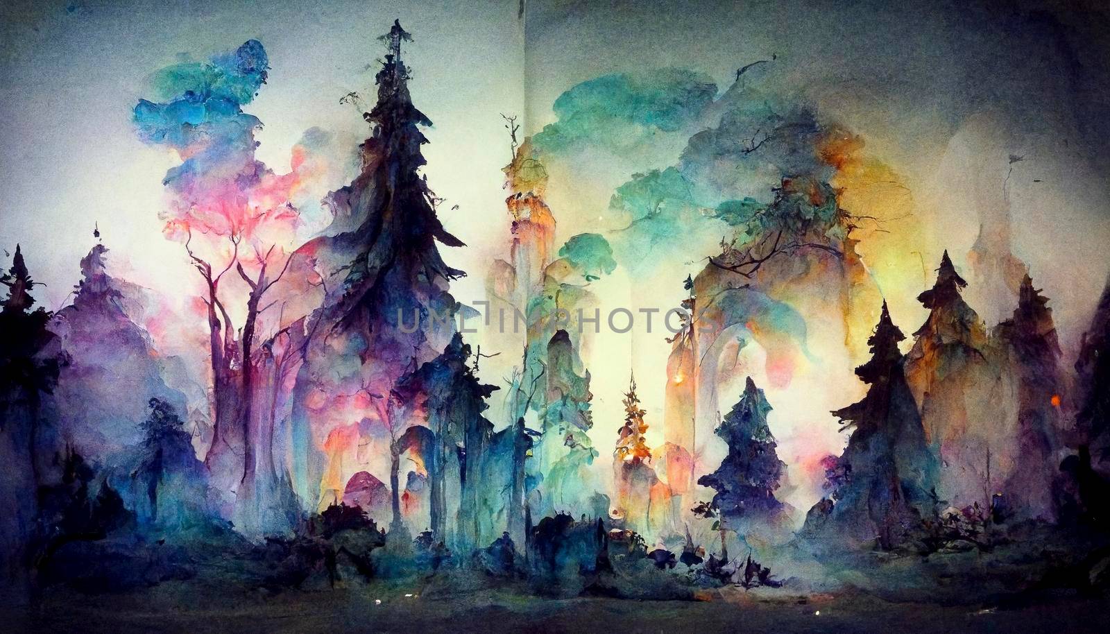 A fabulous watercolor ancient illustration of a tree of life with a bright aura. Magic fairy forest