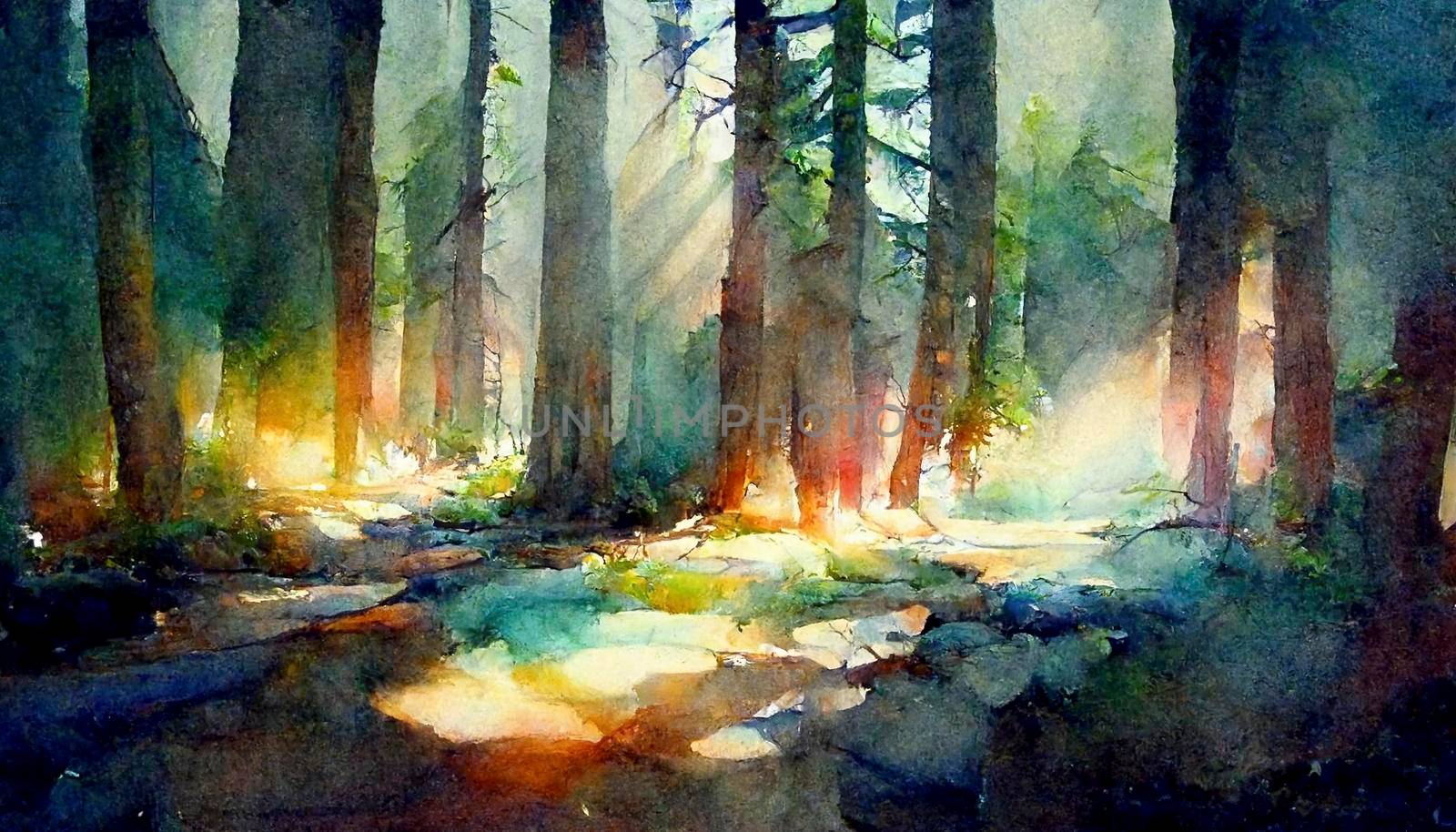 A fabulous watercolor ancient illustration of a tree of life with a bright aura. Magic fairy forest