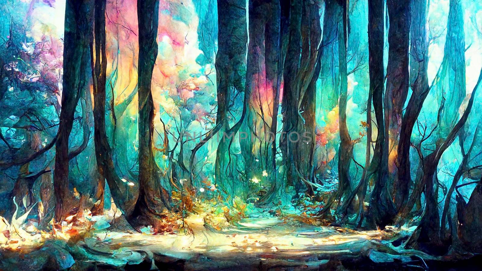A fabulous watercolor ancient illustration of a tree of life with a bright aura. Magic fairy forest